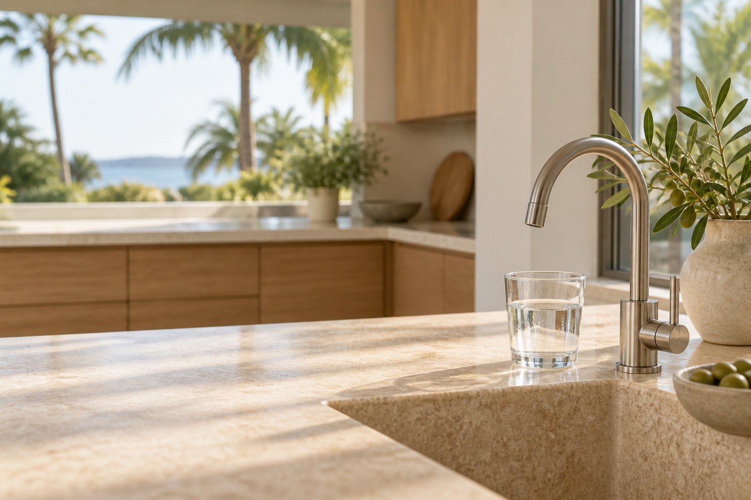 A sunlit coastal kitchen with a glass of fresh water